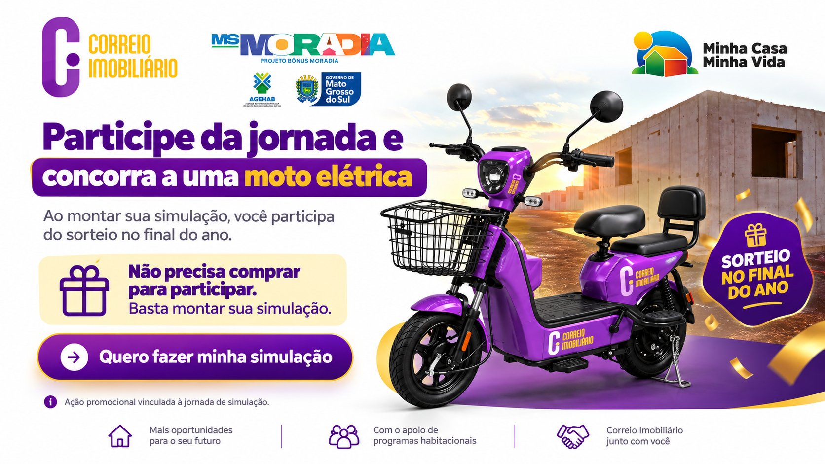 Moto elétrica roxa da campanha Correio Imobiliário