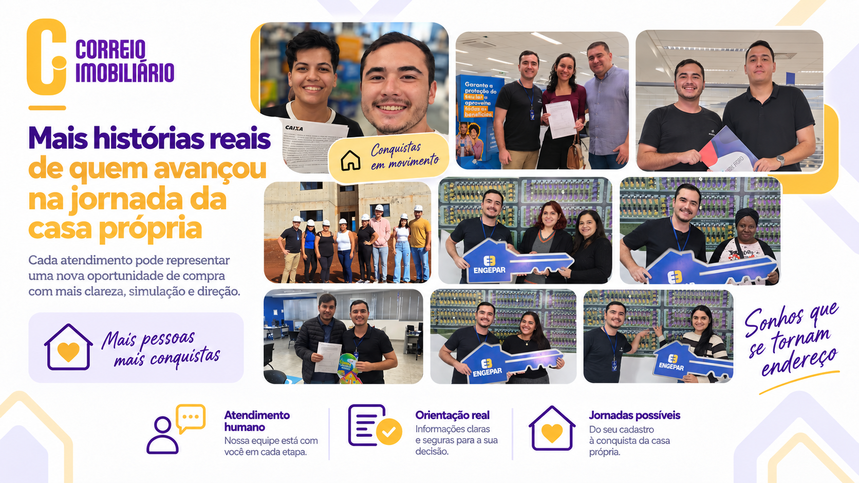 Colagem com atendimentos reais e famílias em etapas da compra do imóvel com o Correio Imobiliário